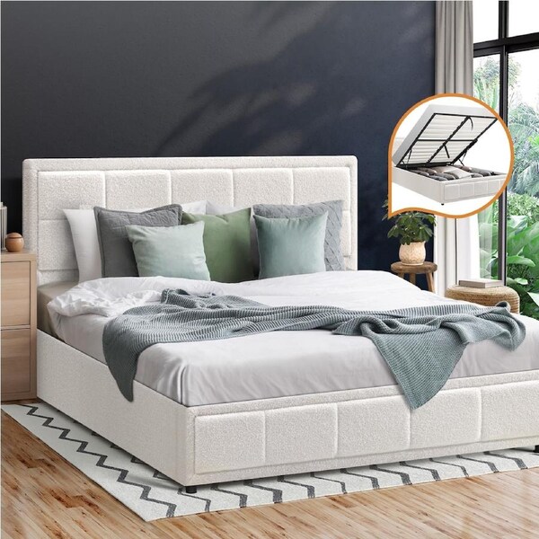 Oikiture Bed Frame Queen Double King Single Gas Lift Storage Bed Platform Boucle White Double