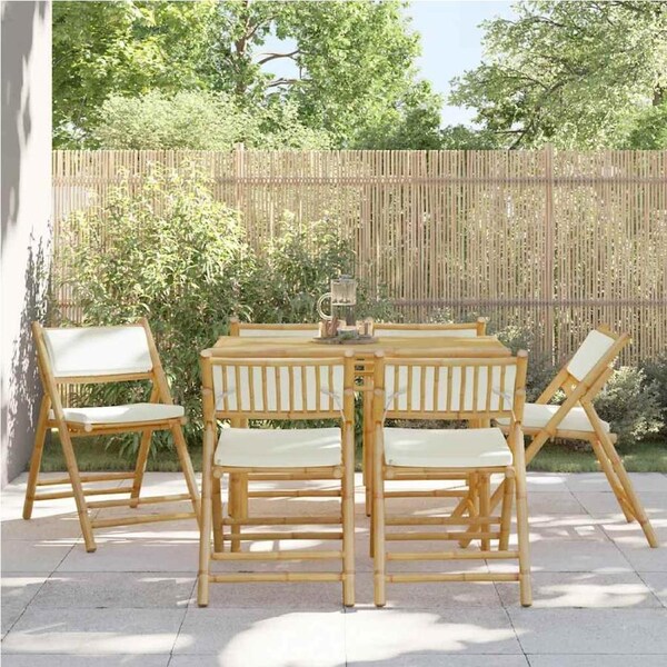 6 Piece Folding Bistro Chairs with Cream White Cushions Bamboo vidaXL