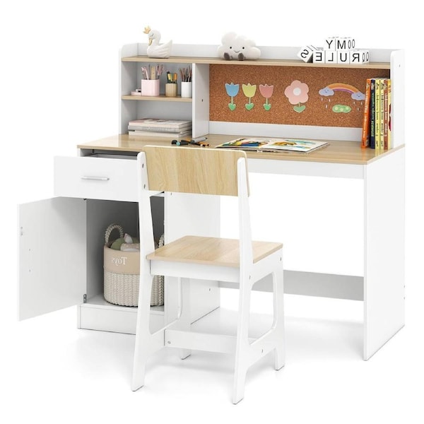 Babyjoy Wooden Writing Table Study Desk & Chair Set w/Shelves Drawer Storage Cabinet for Bedroom School Natural