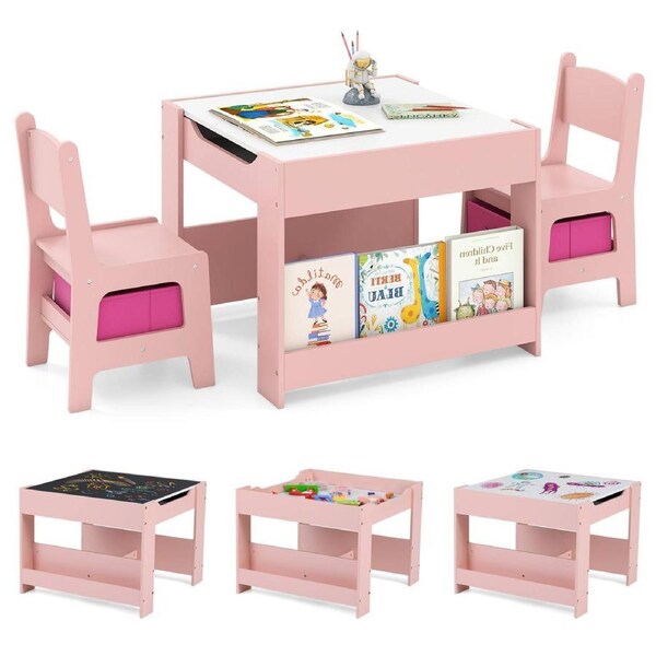 Babyjoy 4-in-1 Wooden Activity Desk Chair Detachable Storage Table & Chair Set w/Reversible Blackboard & Shelf Pink