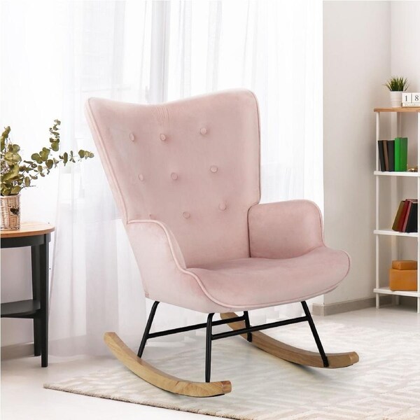 Oikiture Rocking Chair Armchair Velvet Accent Chairs Fabric Upholstered Pink