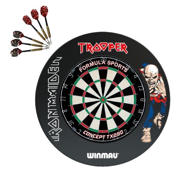 Formula TX290 Bristle Dart Board + Winmau Iron Maiden Trooper Surround + Darts Set