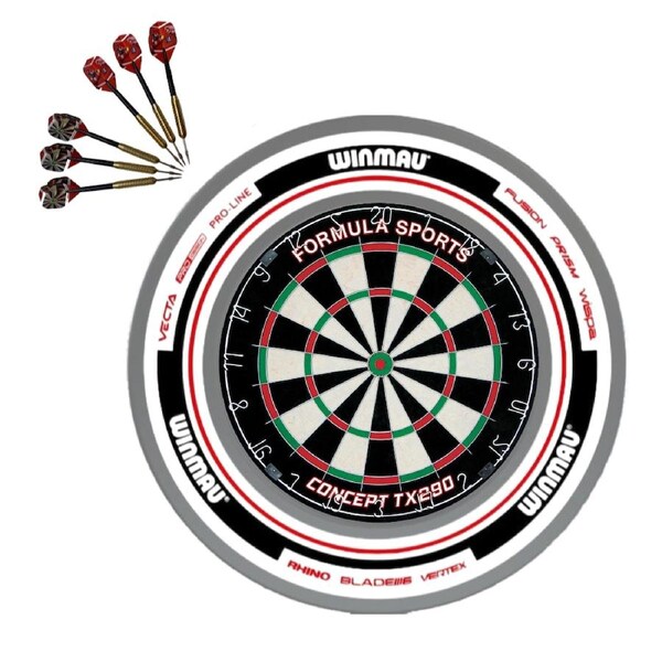 Formula TX290 Bristle Dart Board + Winmau Advance White Red Surround + Darts Set