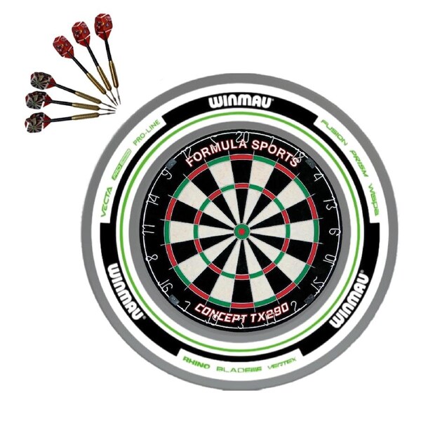 Formula TX290 Bristle Dart Board + Winmau Advance White Green Surround + Darts Set