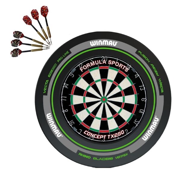 Formula TX290 Bristle Dart Board + Winmau Advance Black Green Surround + Darts Set