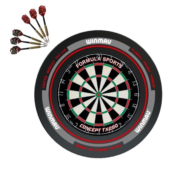 Formula TX290 Bristle Dart Board + Winmau Advance Black Red Surround + Darts Set