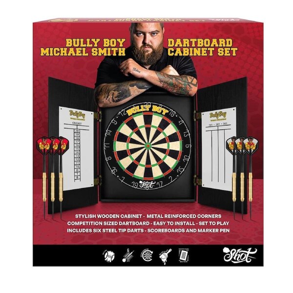 Shot Darts Official Michael Smith Bully Boy Dartboard Cabinet Set