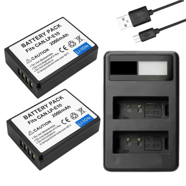 2x LP-E10 Batteries + LCD Dual Charger for Canon EOS 1500D, 1300D, 1200D, 1100D, Kiss X50, 3000D - Replacement Camera Power Pack