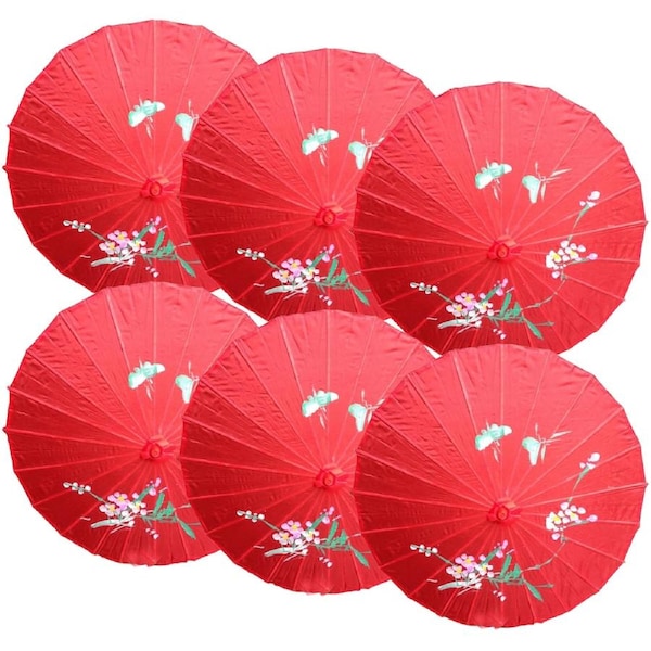 6x PARASOL UMBRELLA Chinese Japanese Bamboo Flower Pattern 80cm Large BULK - Red