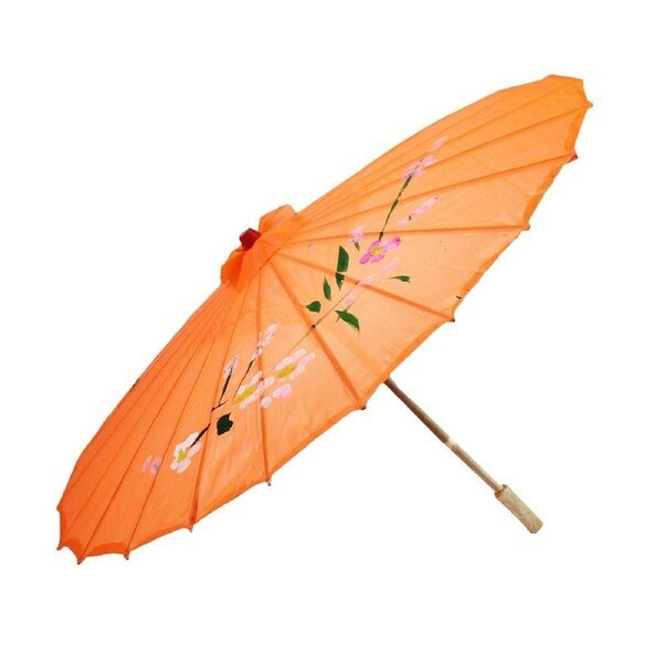 PARASOL UMBRELLA Chinese Japanese Bamboo Flower Pattern Fabric 80cm Diameter - Orange