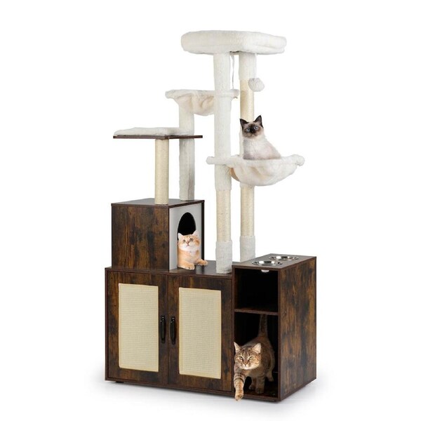 Costway 3-in-1 Cat Tree Indoor Cat Tower w/Litter Box Enclosure Scratching Posts All-in-One Hidden Cat Furniture