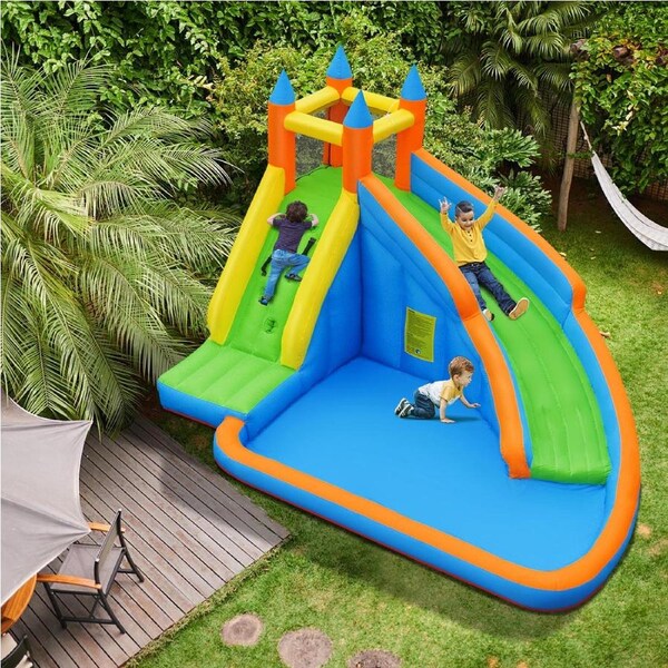 Costway Inflatable Bouncy Castle w/Water Slide Climb Wall Splash Pool Carrying Bag & Blower