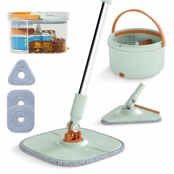 Costway Hands-Free Floor/Wall Mop Bucket Set Clean & Dirty Water Separation w/2 Mope Head 3 Washable Microfiber Pad