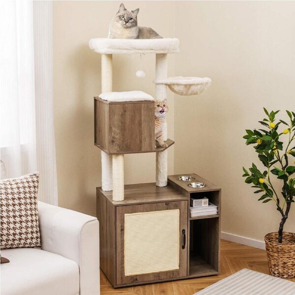 Costway 1.55M Cat Climbing Tower w/Litter Box Enclosure Scratching Post Modern Hidden Cat Box Furniture Grey