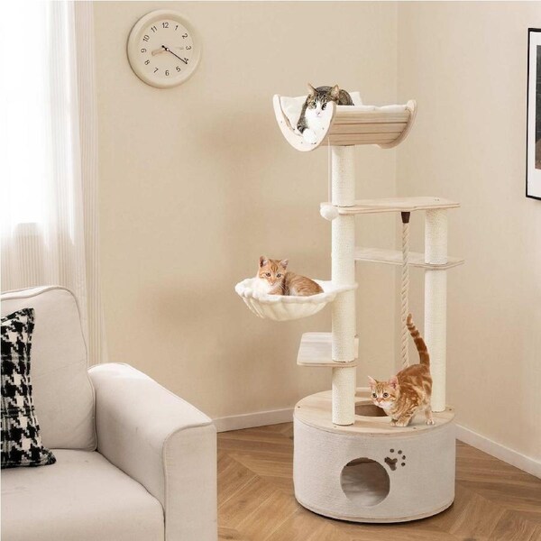 Costway 1.41M Wood Cat Tree Scratching Post w/Perch Condo Climbing Stand Indoor Pet Furniture Natural