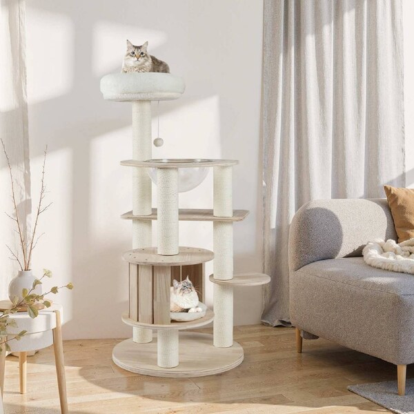 Costway 1.32M Wood Cat Tree Scratching Post w/Condo Climbing Stand Indoor Pet Furniture Natural