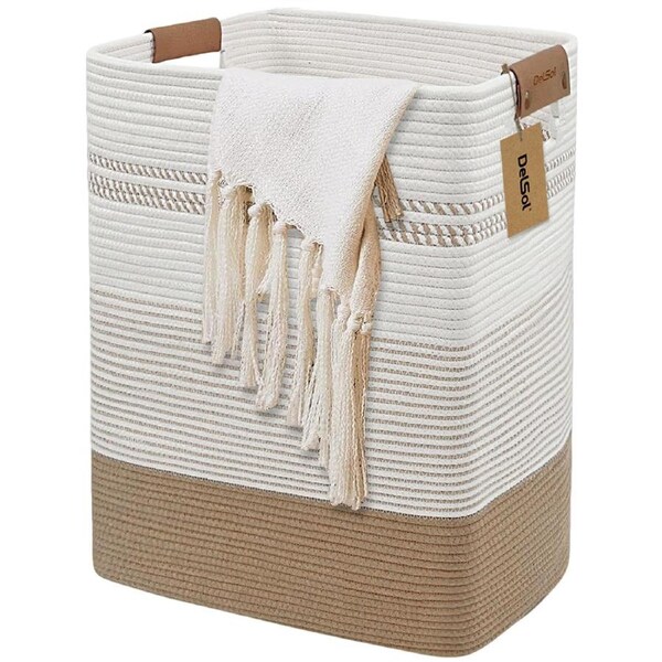 DelSol Large Laundry Basket 45x35x56cm Tall Blanket Woven Basket with Handles Cotton Rope Sorage Basket for Living Room Baby Nursery Pillows Toy Organizer Home Decor