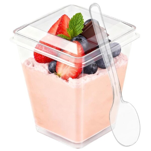 Vivva 100 x 150ml Dessert Cups with Lids & Spoons Square Clear Cups Small Serving Bowls Jelly Cups for Tasting Party Ice Cream Mousse Pudding Cupcakes