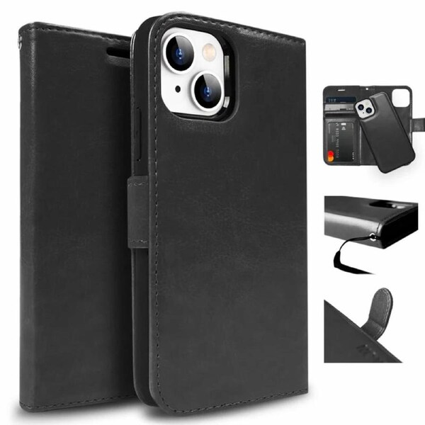 Tough On iPhone 16e / iPhone 15 Case Magnetic Detachable Leather Black