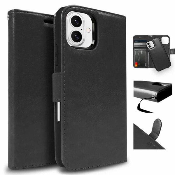 Tough On iPhone 16 Case Magnetic Detachable Leather Black