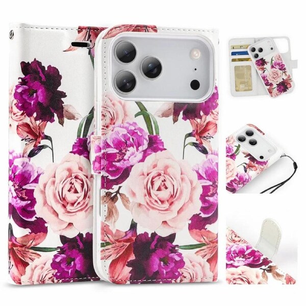 Tough On Magnetic Detachable Leather Case for iPhone 17 Pro Max Rose Flower