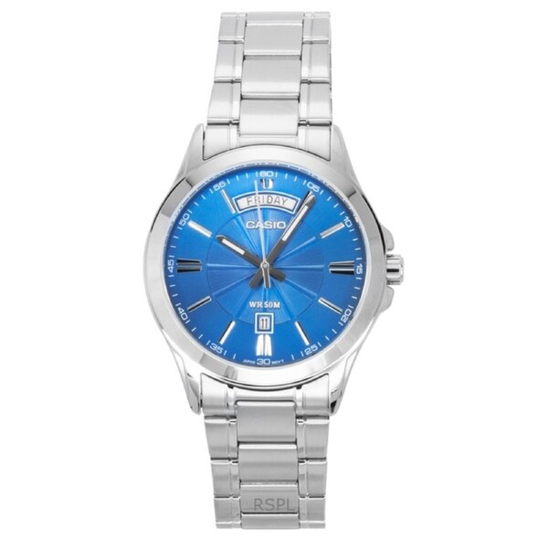 Casio Quartz MTP-1381D-2AV Mens Watch Analog Stainless Steel Blue Dial Day/Date 50M