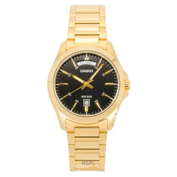 Casio Quartz MTP-1370G-1AV Mens Watch Analog Gold Tone Stainless Steel Black Dial Dial Day/Date 50M
