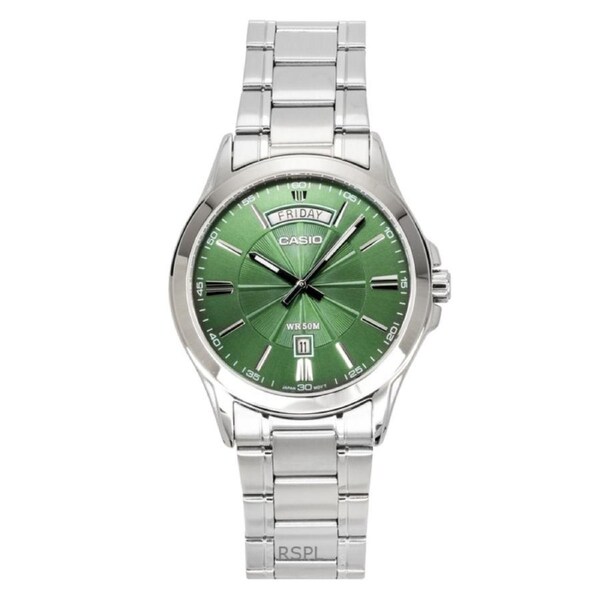 Casio Quartz MTP-1381D-3AV Mens Watch Analog Stainless Steel Green Dial Day/Date 50M