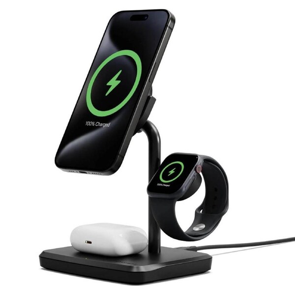 Cygnett ChargeBase Qi2.0 3-in-1 Magnetic Wireless Charger with 25W Wall Charger - Black