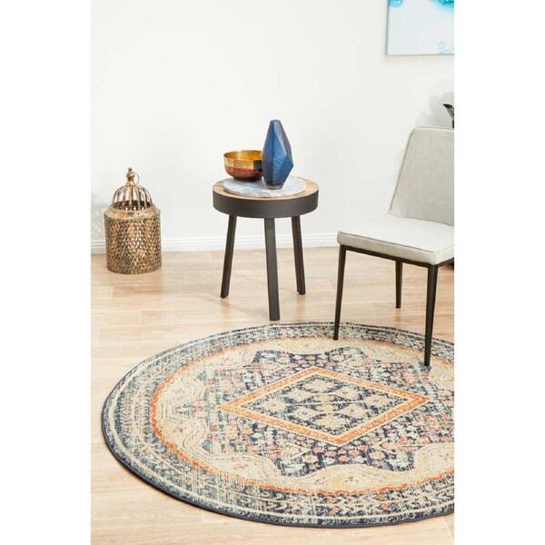 Rug Culture Abode Navy & Rust Vintage Look Aztec Round Rug 240X240CM ...