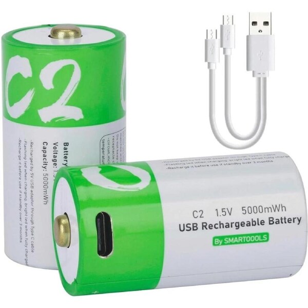 USB D Lithium-Ion Rechargeable Battery 1.5V 12000mWh - 2 Pack Rechargeable D Batteries with USB Charging
