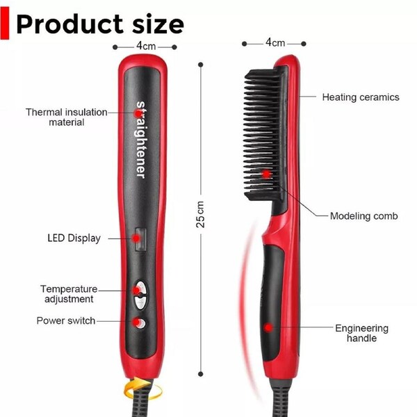 Mens Heated Beard Straightener - Hair Straightener - Brush Multifunctional Hair Comb - Curling Iron - Rapid Heating 15 Sec - No hair damage -