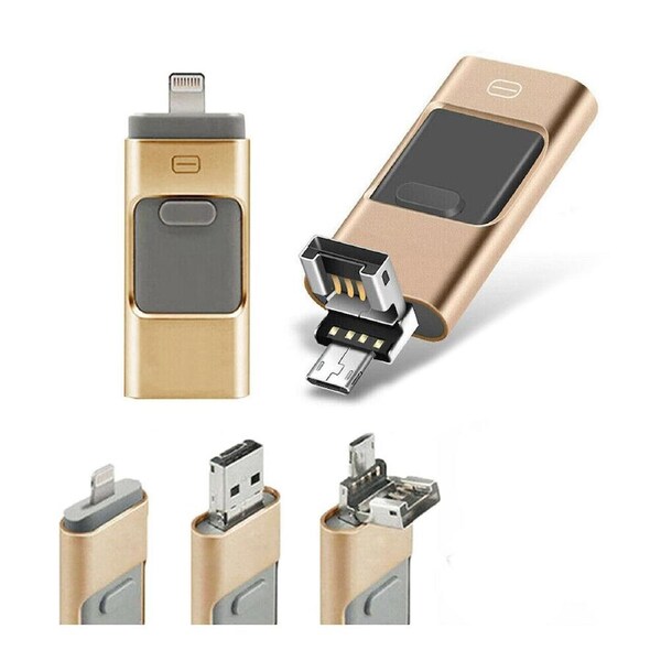Flash Drive USB Memory Stick HD U Disk 3 in 1 for Android IOS iPhone PC - Gold 128gb
