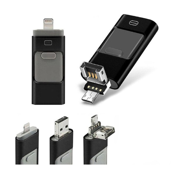 Flash Drive USB Memory Stick HD U Disk 3 in 1 for Android IOS iPhone PC - Black 128gb