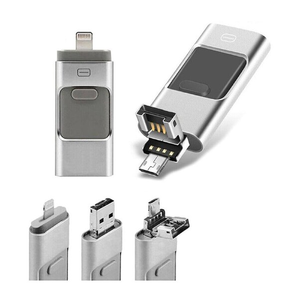 Flash Drive USB Memory Stick HD U Disk 3 in 1 for Android IOS iPhone PC - Silver 128gb