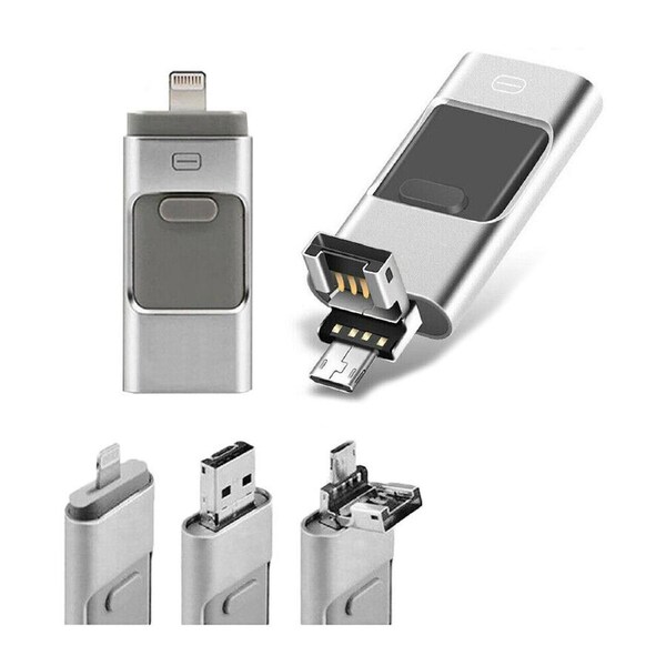 Flash Drive USB Memory Stick HD U Disk 3 in 1 for Android IOS iPhone PC - Silver 256gb