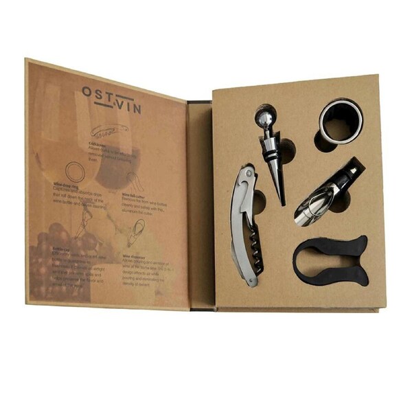 NF Living Wine Accessory Set Corkscrew Stopper Pourer 20x17cm Solid Brown