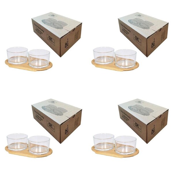 4x 2pc NF Living Glass Serving Set Bamboo Tray and Bowls 20x11cm Solid Clear