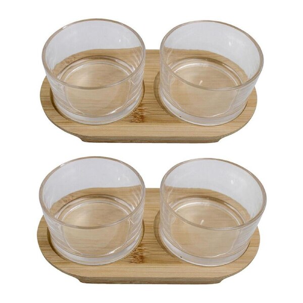 2x 2pc NF Living Glass Serving Set Bamboo Tray and Bowls 20x11cm Solid Clear