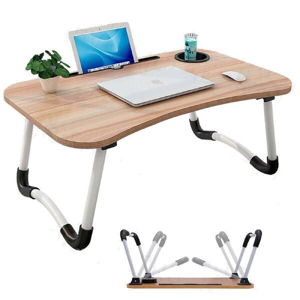 Laptop Stand Table Foldable Desk Computer Study Bed Adjustable Portable Cup Slot Wood