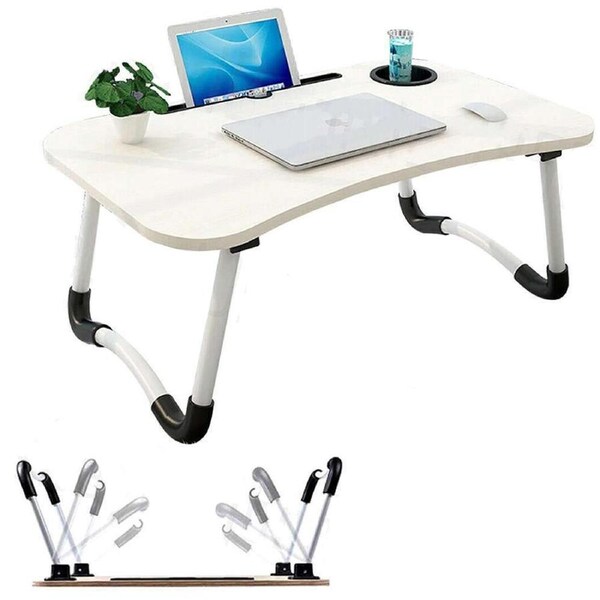 Laptop Stand Table Foldable Desk Computer Study Bed Adjustable Portable Cup Slot White