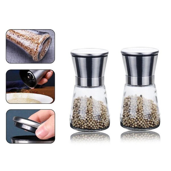 Salt Pepper Grinder Set Stainless Steel Glass Shaker Adjustable Mill Coarse - 2pcs 160ml 2pcs