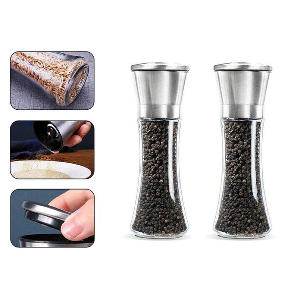 Salt Pepper Grinder Set Stainless Steel Glass Shaker Adjustable Mill Coarse - 2pcs 180ml 2pcs