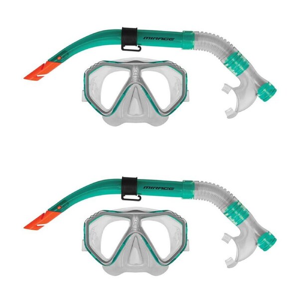 2x 2pc Mirage Caribbean Snorkelling/Swimming Mask & Snorkels Set Green