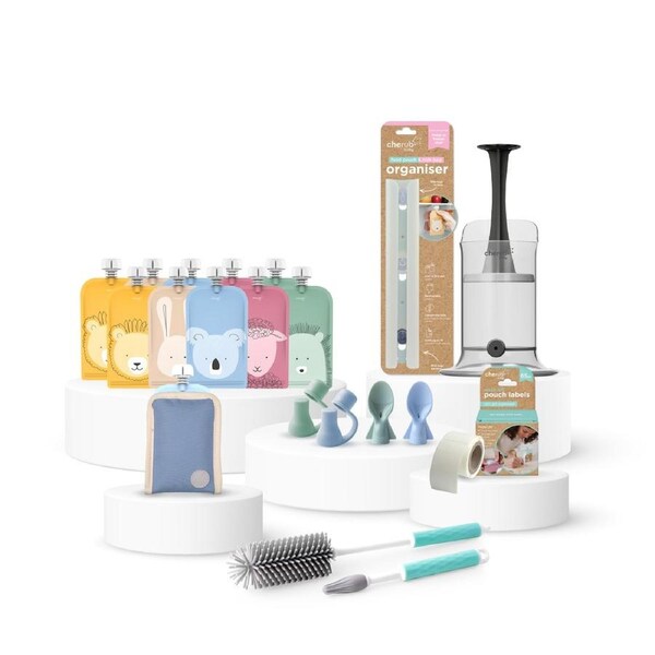 Cherub Baby Reusable Baby Food Pouches, Yoghurt Pouches - Bundle Kit - Cerulean & Sage (BW)
