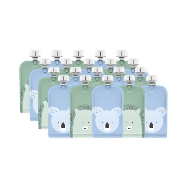 Cherub Baby Reusable 120ml Baby Food Pouches 20PK Animal Print Cerulean & Sage (BW)