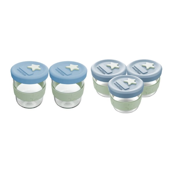 Cherub Baby Silicone & Glass Baby Food Storage Containers 5PK 180ml & 120ml - Cerulean & Sage (BW)