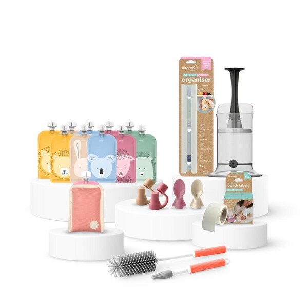 Cherub Baby Reusable Baby Food / Yoghurt Pouches - Bundle Kit - Dusty Rose & Sand (BW)