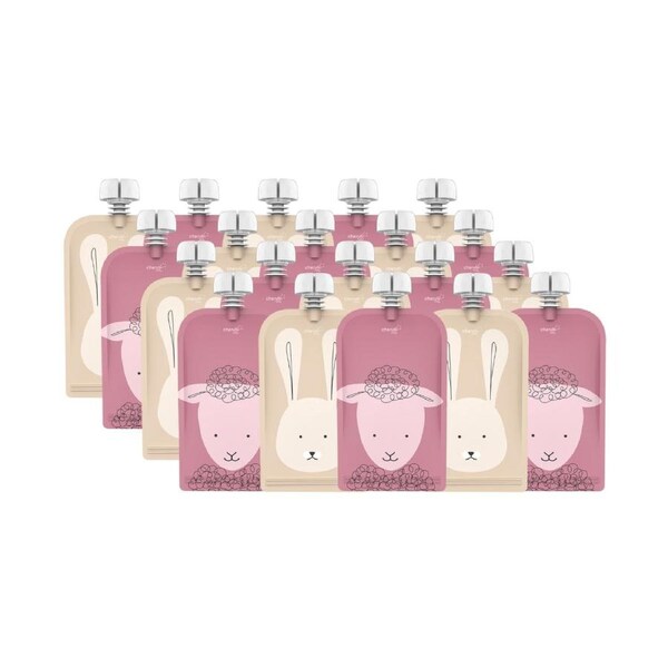 Cherub Baby Reusable 120ml Baby Food Pouches 20PK Animal Print Dusty Rose & Sand (BW)