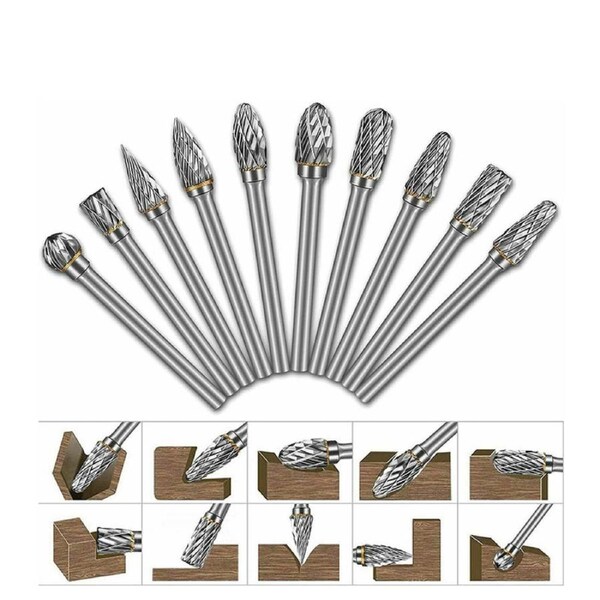 OZNALA 10pcs Tungsten Carbide Rotary Burr Set 6mm Die Grinder Bits Case for Wood Cutting Grinder Drilling Metal Polishing Engraving High Quality